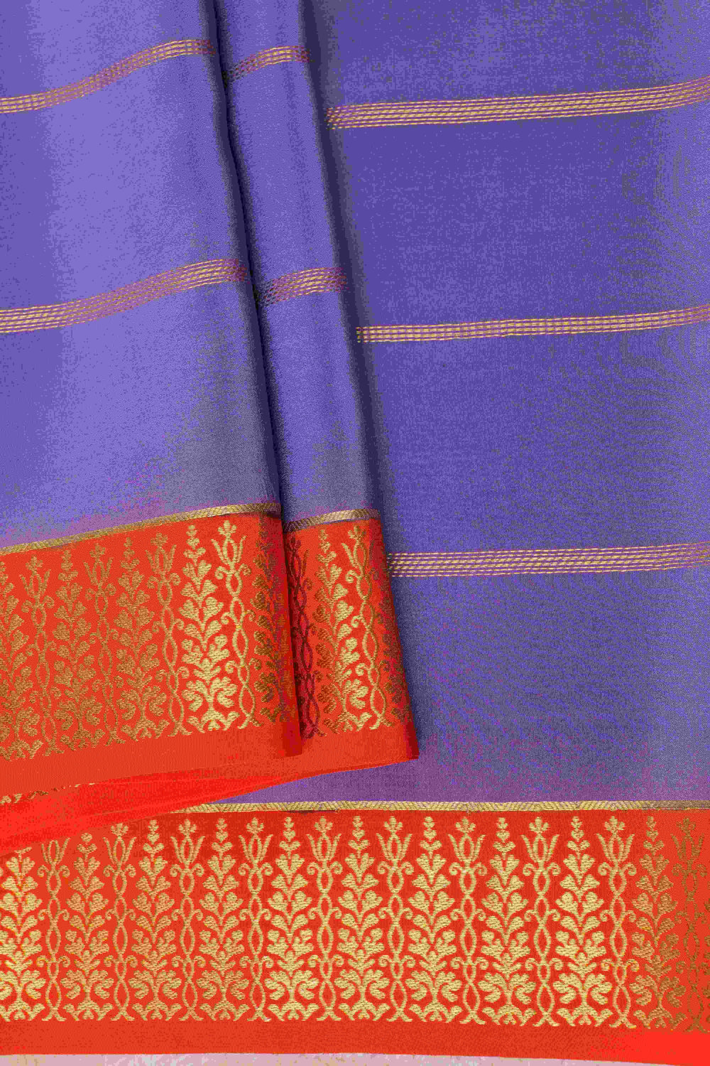 Thene Border Pure Gold Lace Mysore Silk Saree in Purple and Orange Color with Contrast Blouse