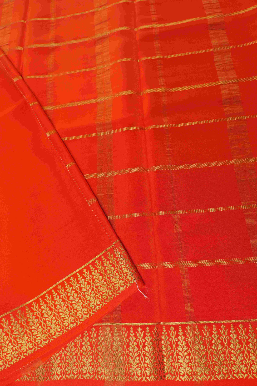 Thene Border Pure Gold Lace Mysore Silk Saree in Purple and Orange Color with Contrast Blouse