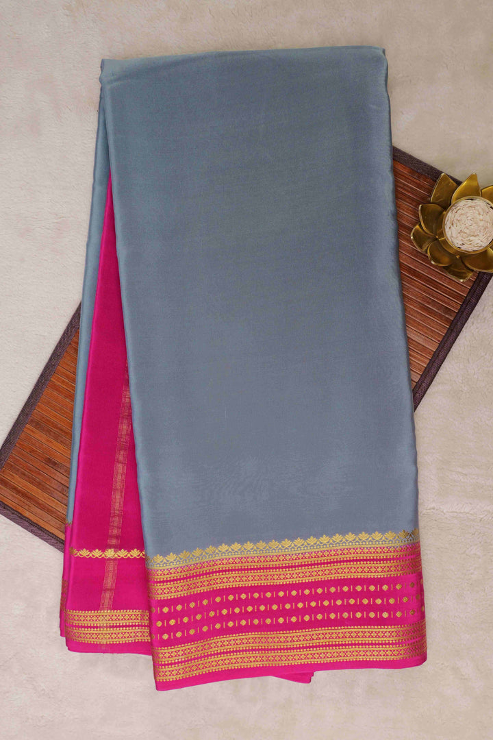 Dotted Butta border Pure Gold Lace Mysore Silk Saree in Grey and Pink Color with Contrast Blouse