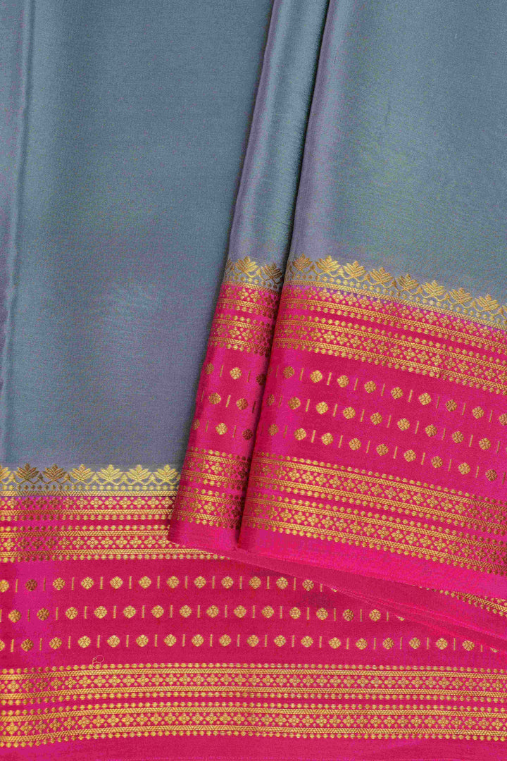 Dotted Butta border Pure Gold Lace Mysore Silk Saree in Grey and Pink Color with Contrast Blouse