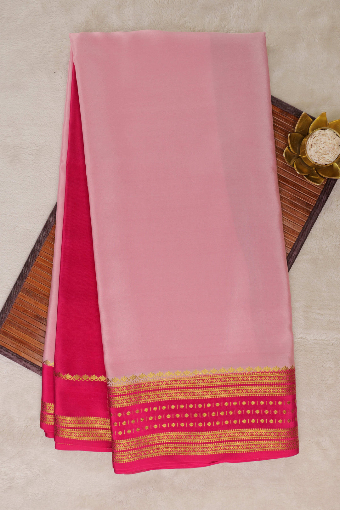 Dotted Butta border Pure Gold Lace Mysore Silk Saree in Baby Pink and Pink Color with Contrast Blouse