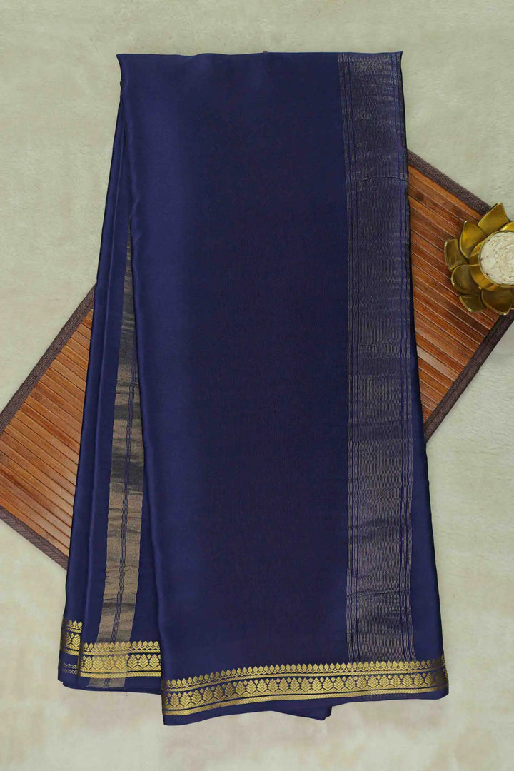 Gold Lace Leaf Border Mysore Silk Saree in Blue Color with Self Blue Blouse Peace |Silk Mark Certified