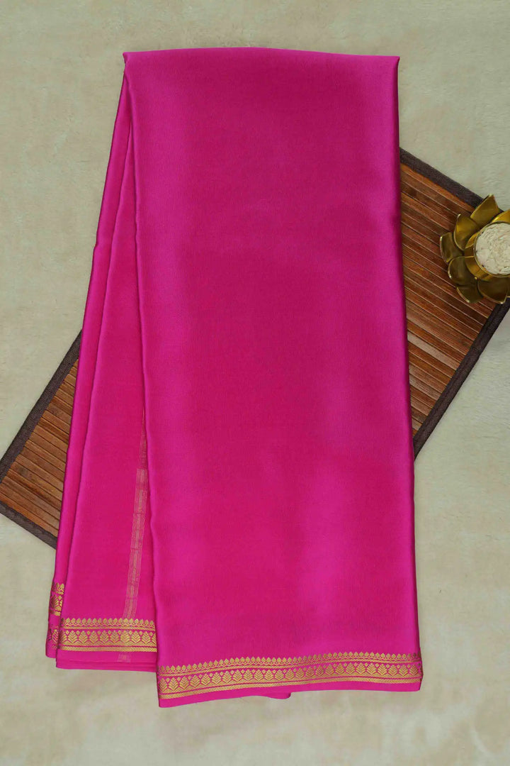 Gold Lace Leaf Border Pure Mysore Silk Saree in Pink Color with Self Pink Blouse Peace |Silk Mark Certified