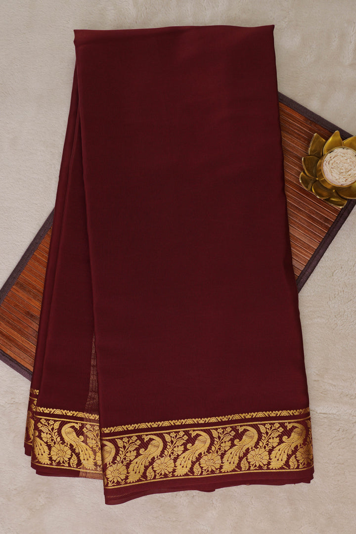 Brown Color Pure Gold Lace Mysore silk saree with Peacock gold border and Self Blouse
