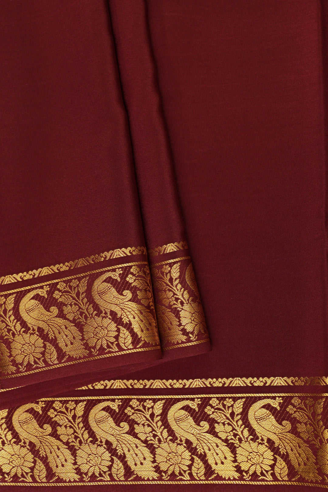 Brown Color Pure Gold Lace Mysore silk saree with Peacock gold border and Self Blouse