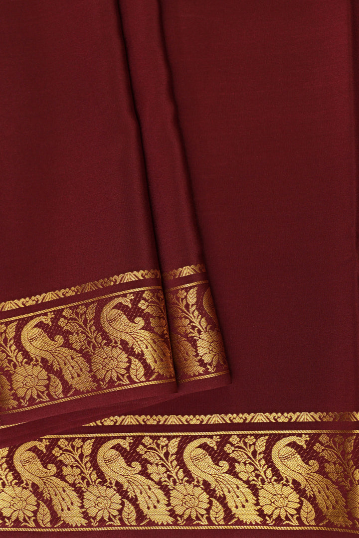 Brown Color Pure Gold Lace Mysore silk saree with Peacock gold border and Self Blouse