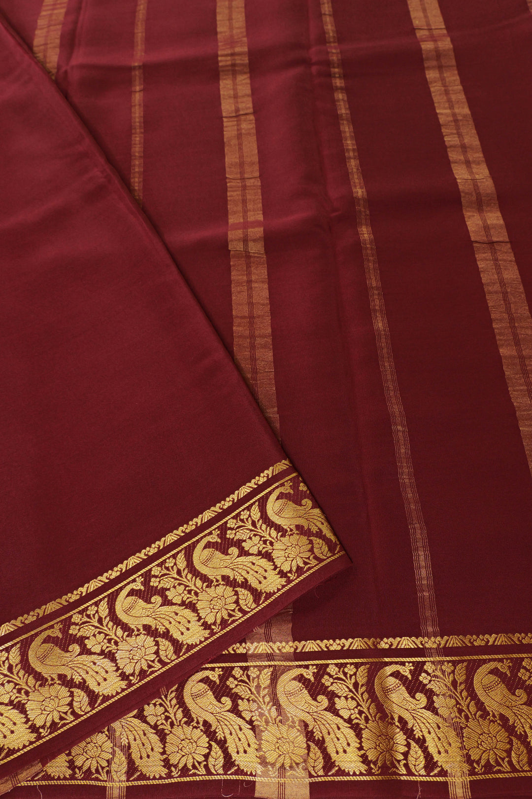 Brown Color Pure Gold Lace Mysore silk saree with Peacock gold border and Self Blouse