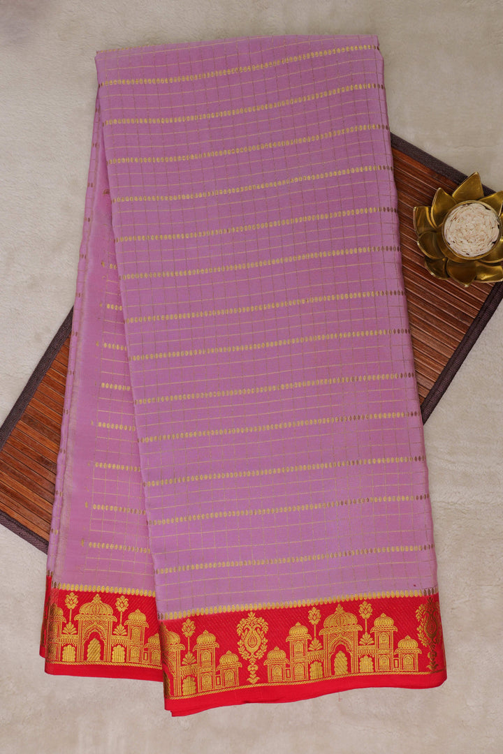 Aramane border Pure Gold Lace Mysore Silk Saree in Purple and Orange Color with Contrast Blouse