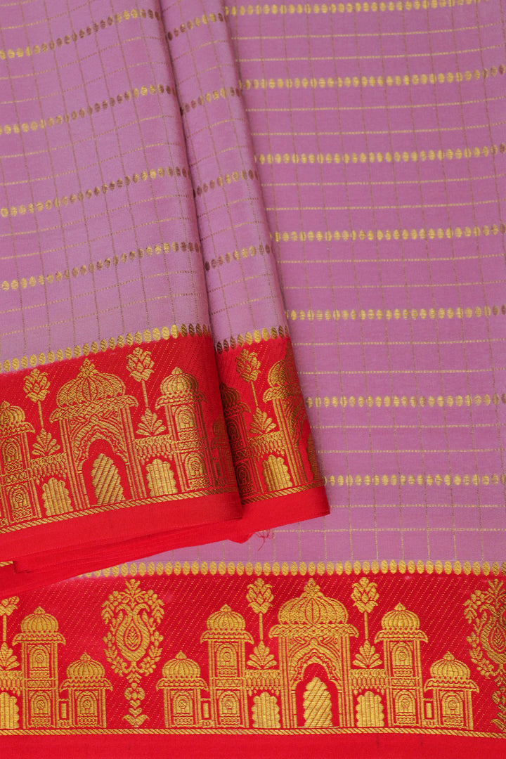 Aramane border Pure Gold Lace Mysore Silk Saree in Purple and Orange Color with Contrast Blouse