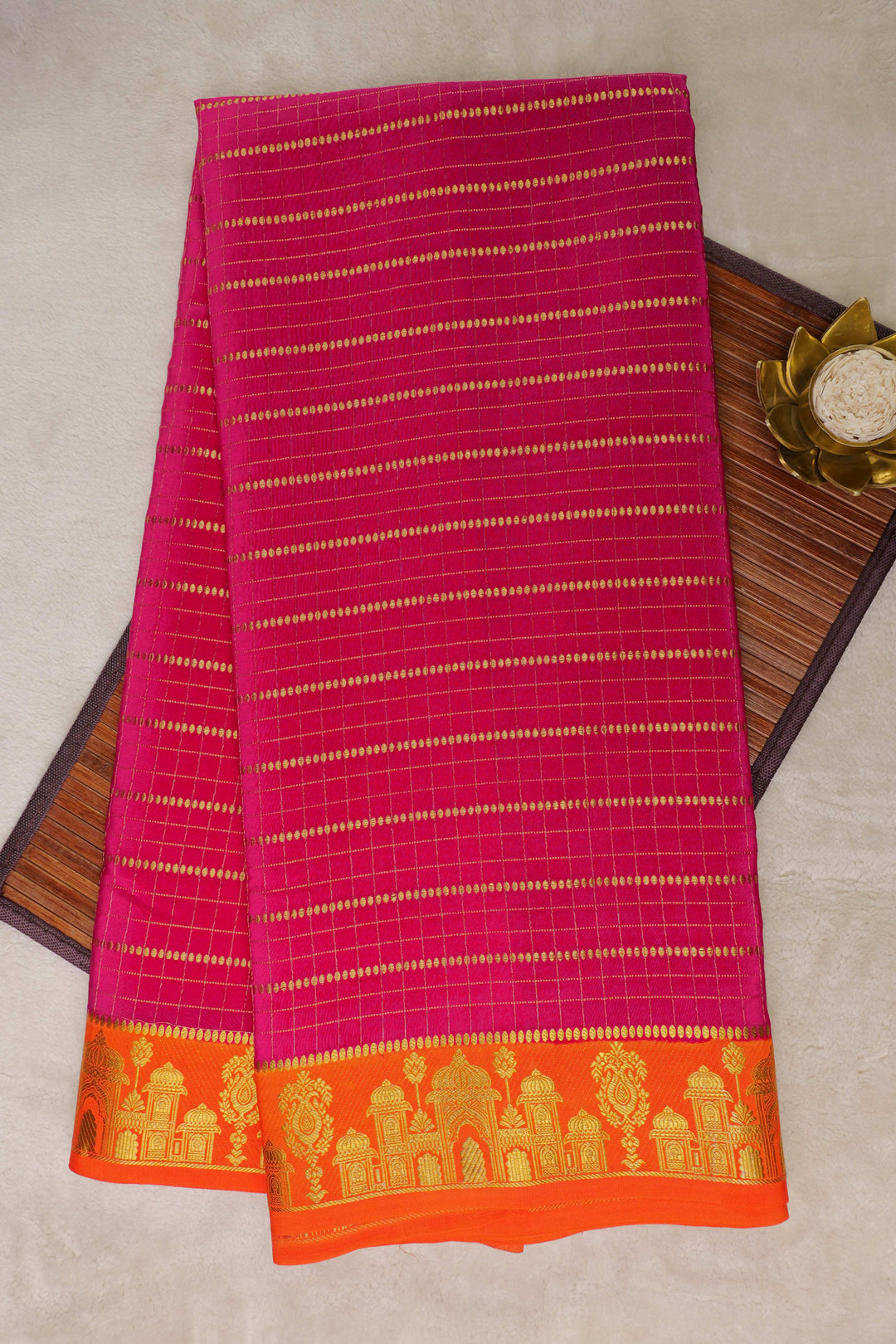 Aramane border Pure Gold Lace Mysore Silk Saree in Pink and Orange Color with Contrast Blouse