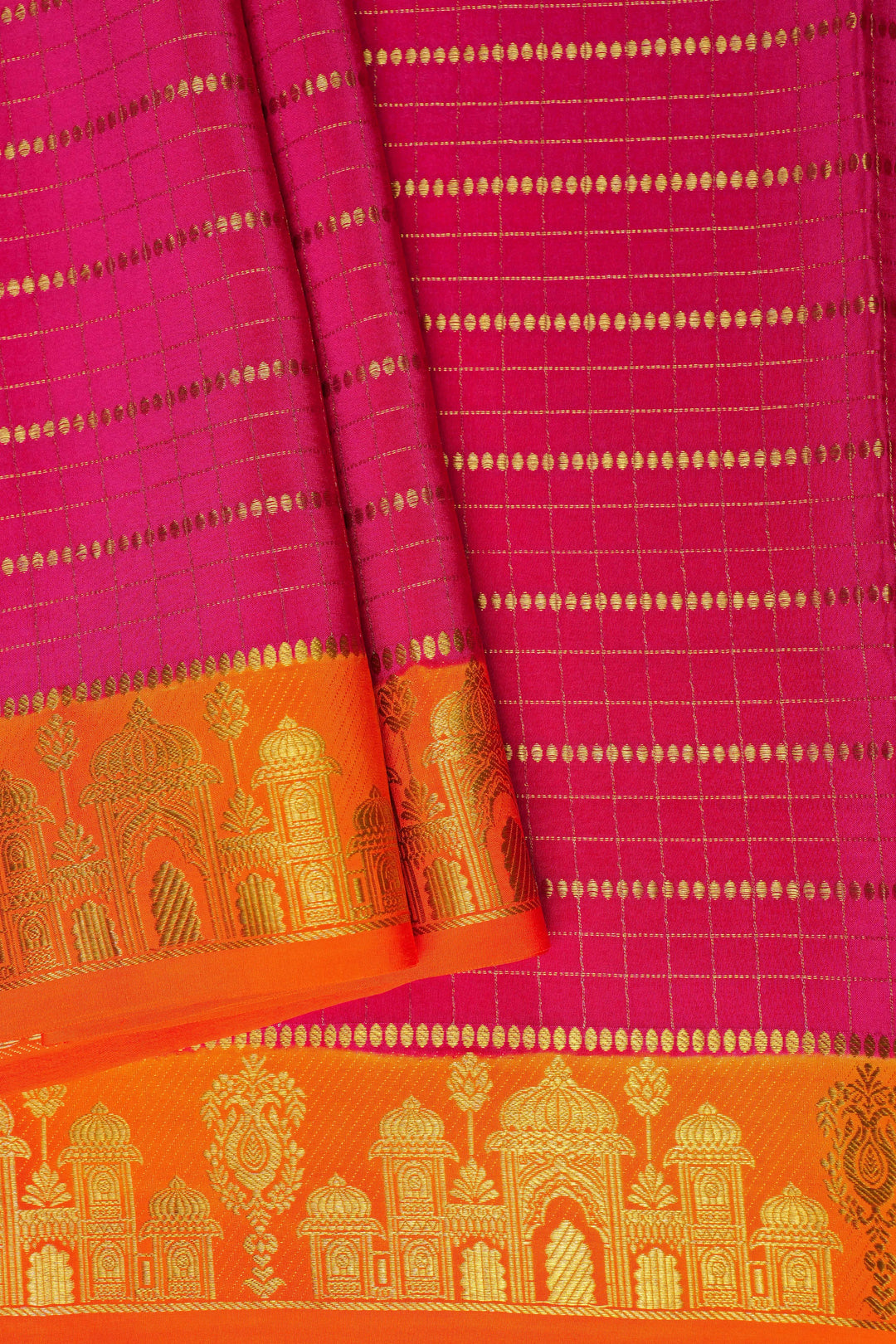 Aramane border Pure Gold Lace Mysore Silk Saree in Pink and Orange Color with Contrast Blouse