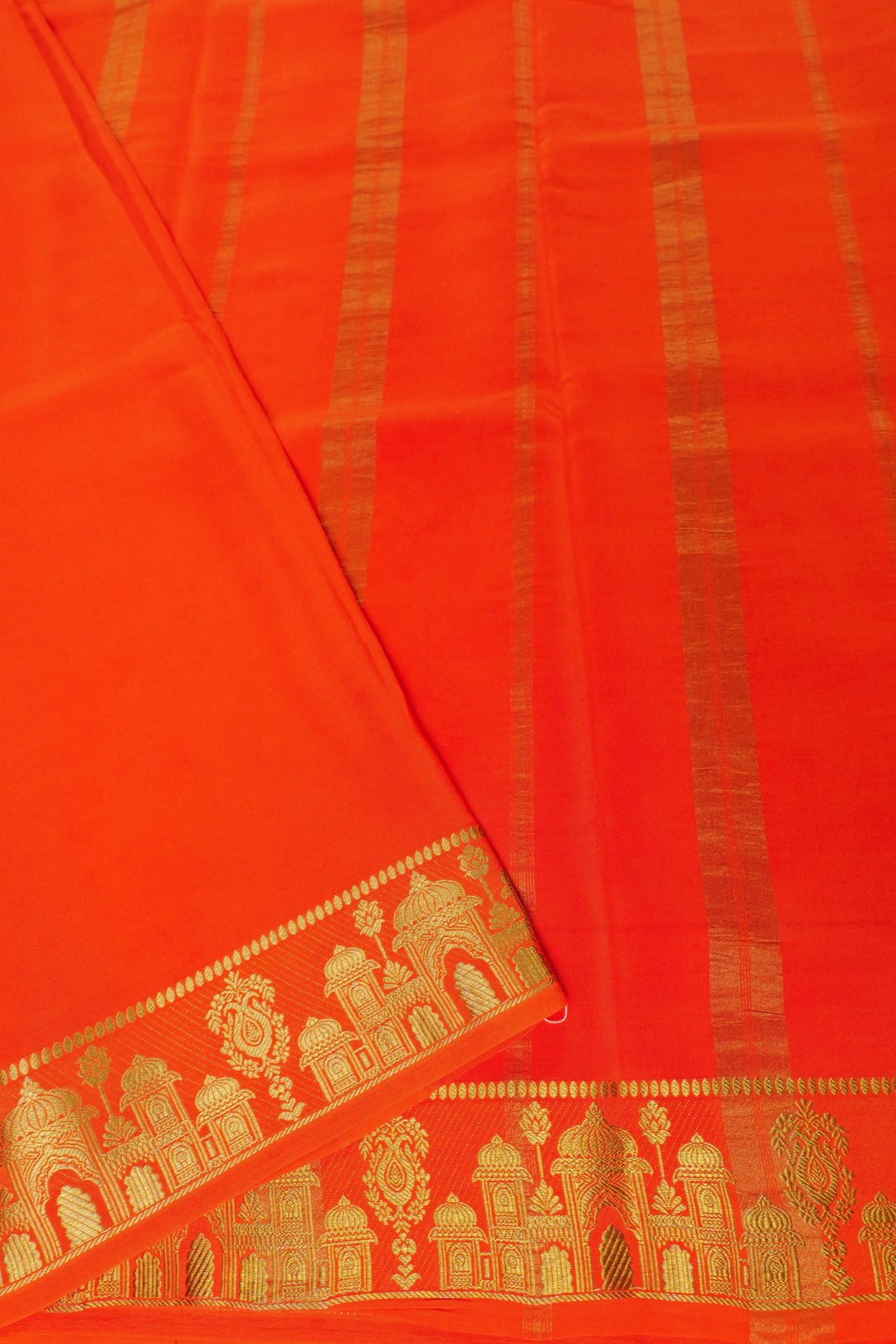 Aramane border Pure Gold Lace Mysore Silk Saree in Pink and Orange Color with Contrast Blouse