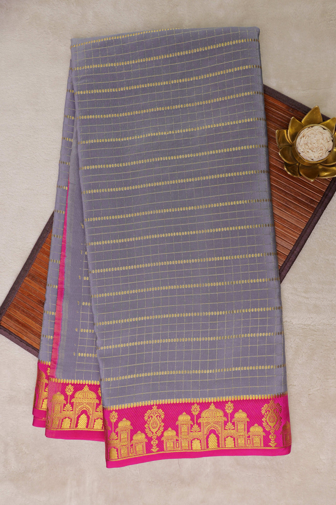 Aramane border Pure Gold Lace Mysore Silk Saree in Grey and Pink Color with Contrast Blouse