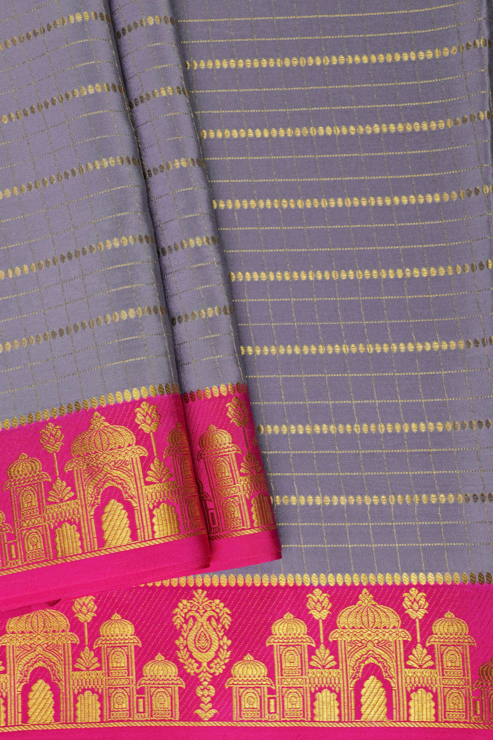 Aramane border Pure Gold Lace Mysore Silk Saree in Grey and Pink Color with Contrast Blouse