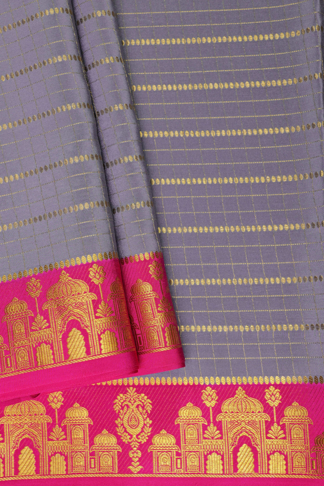 Aramane border Pure Gold Lace Mysore Silk Saree in Grey and Pink Color with Contrast Blouse