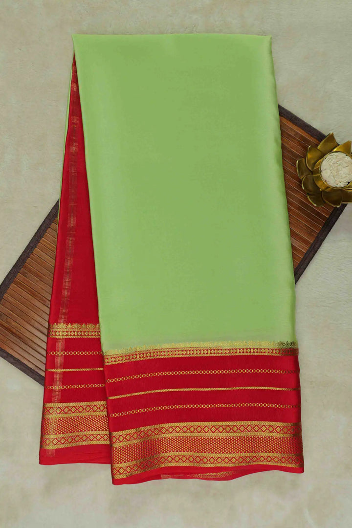 Gold Lace Big Border Pure Mysore Silk Saree in Green and Red Color with Contrast Red Blouse