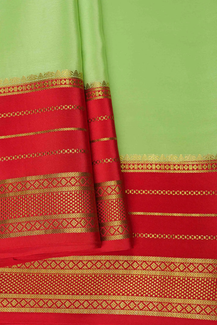 Gold Lace Big Border Pure Mysore Silk Saree in Green and Red Color with Contrast Red Blouse