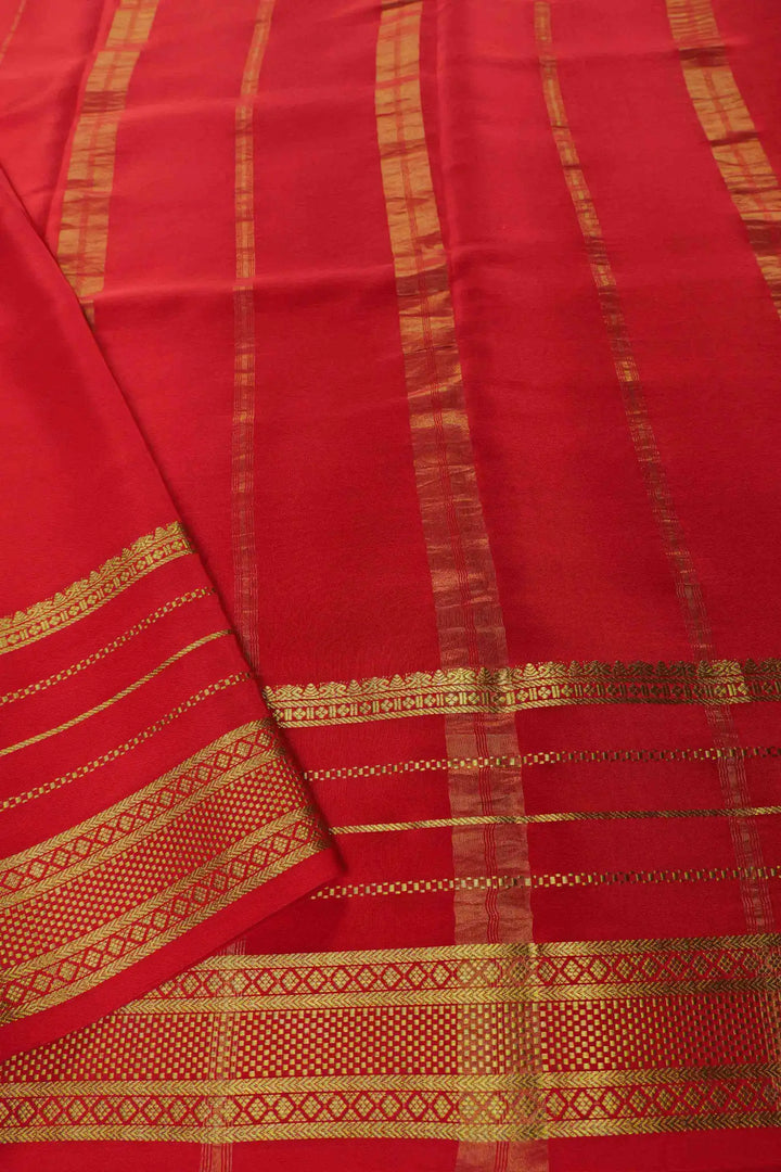 Gold Lace Big Border Pure Mysore Silk Saree in Green and Red Color with Contrast Red Blouse