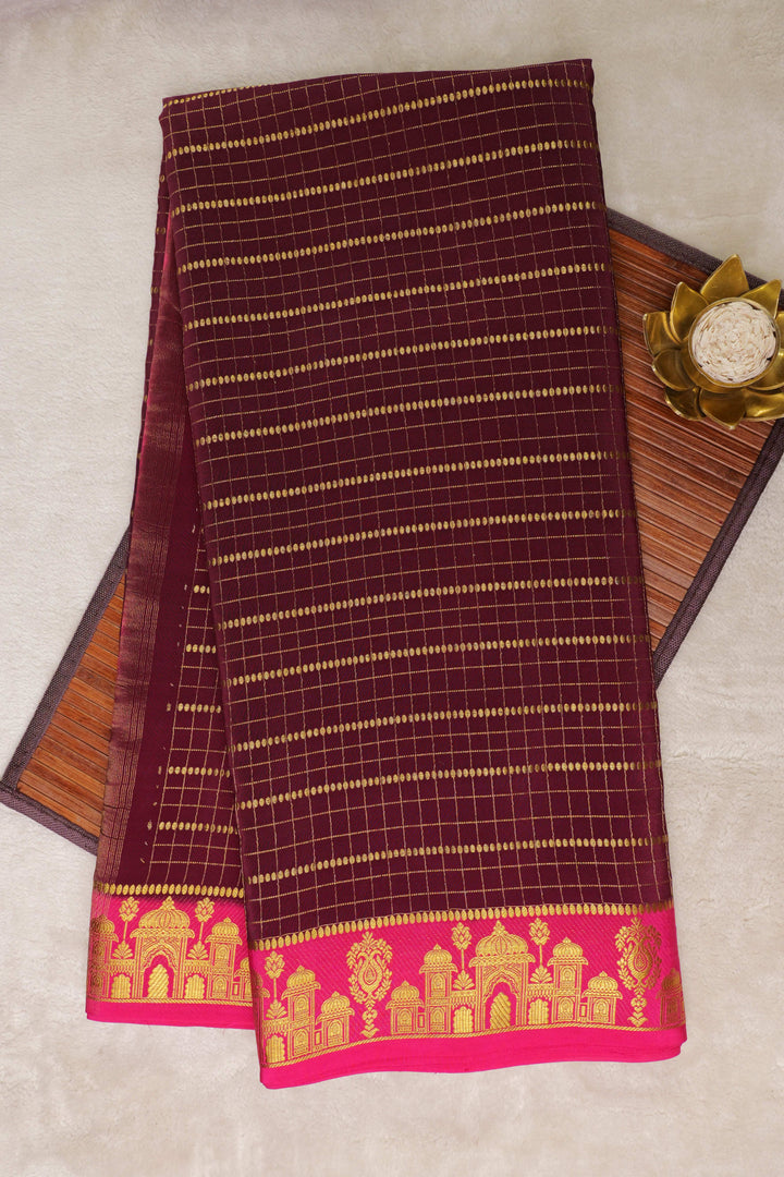 Aramane border Pure Gold Lace Mysore Silk Saree in Brown and Pink Color with Contrast Blouse