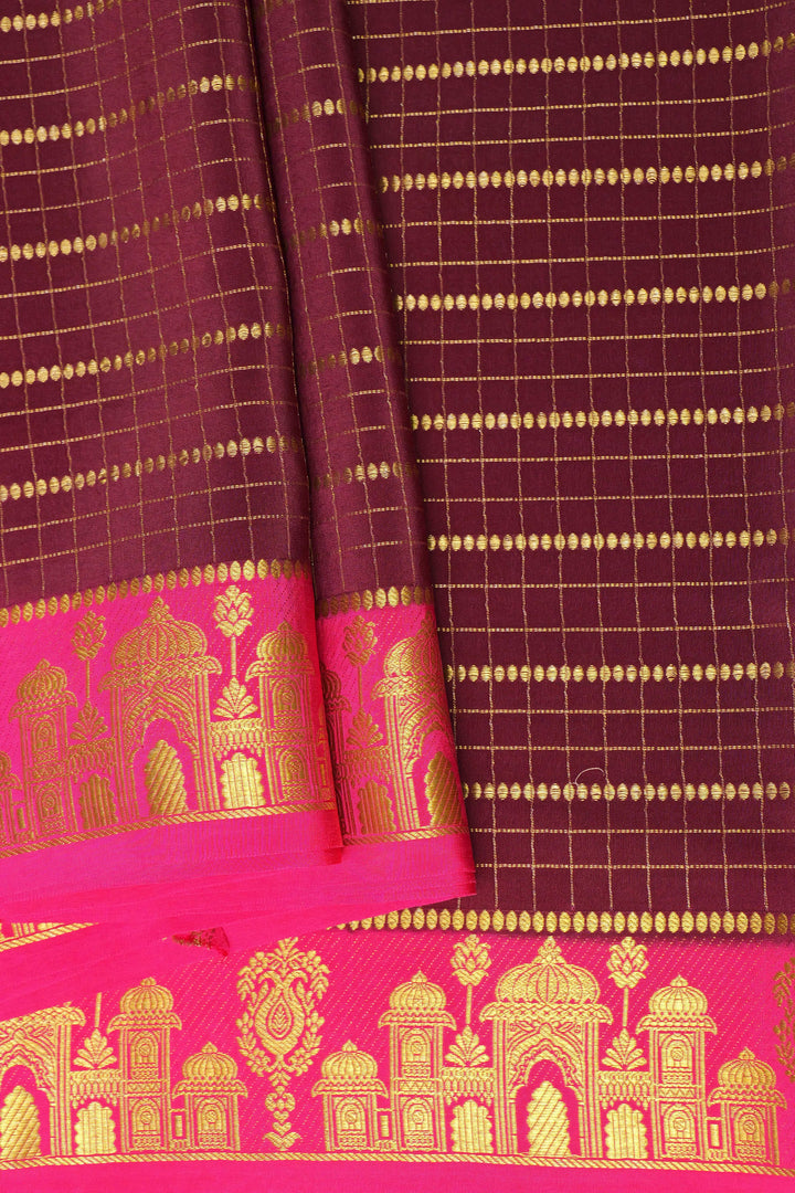 Aramane border Pure Gold Lace Mysore Silk Saree in Brown and Pink Color with Contrast Blouse