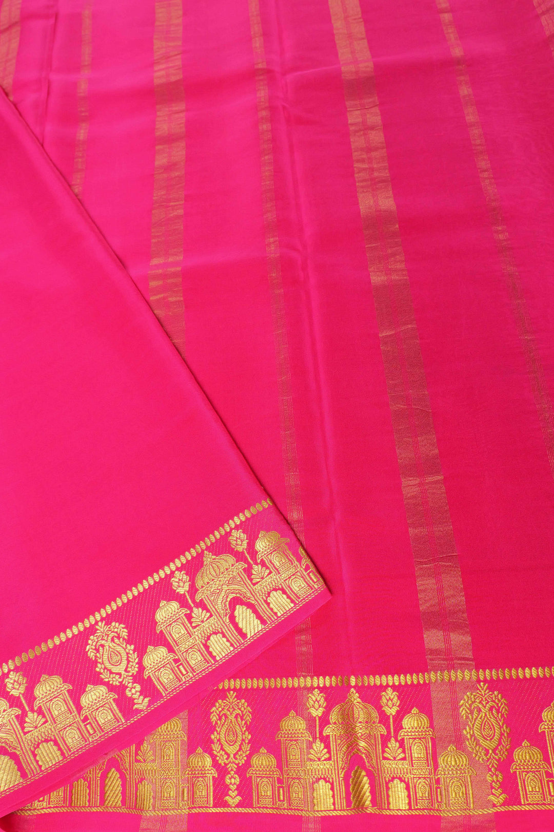 Aramane border Pure Gold Lace Mysore Silk Saree in Brown and Pink Color with Contrast Blouse