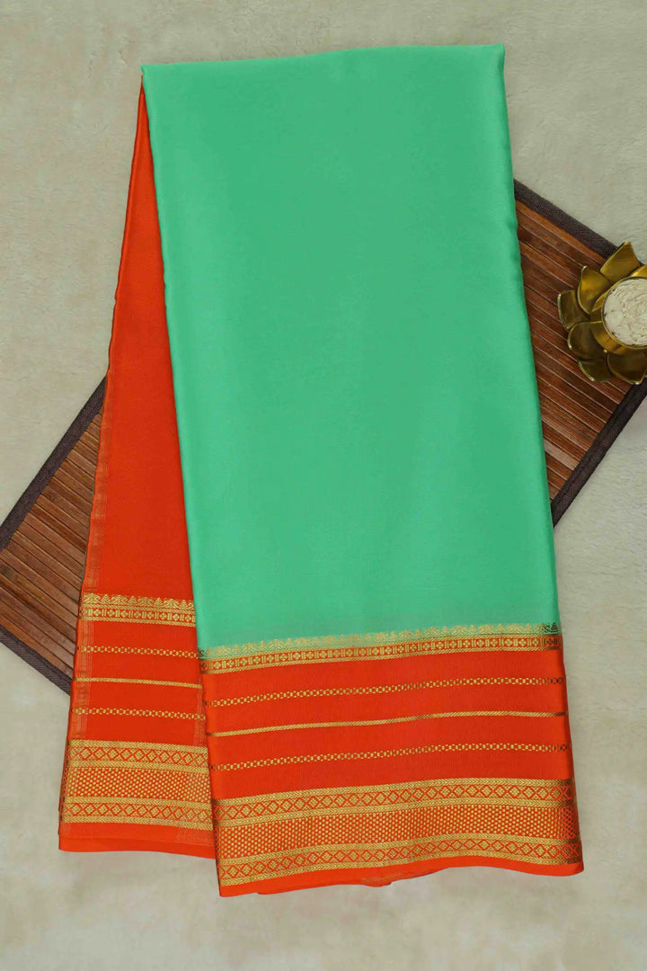 Gold Lace Big Border Mysore Silk Saree in Green and Orange Color with Contrast Orange Blouse