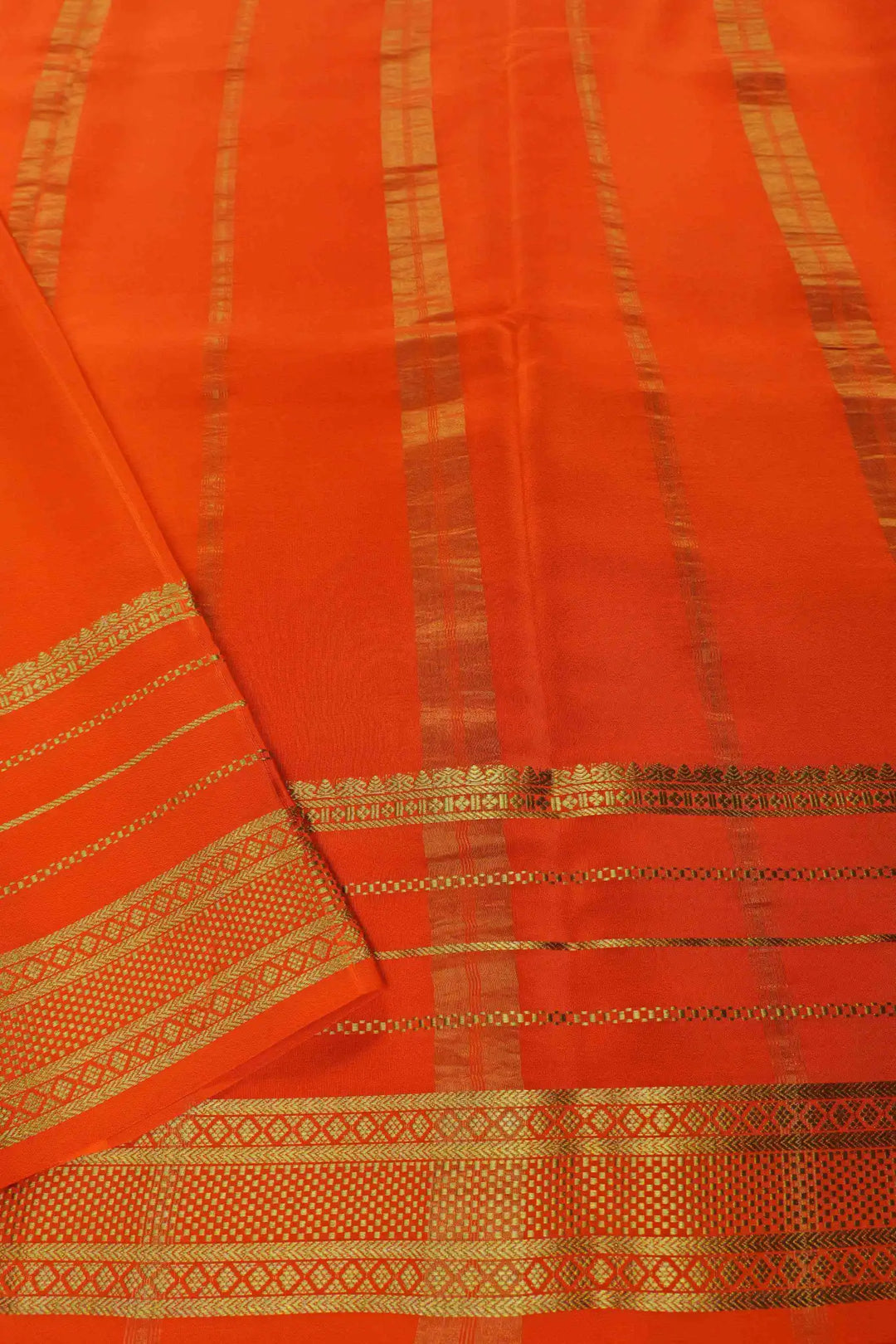 Gold Lace Big Border Mysore Silk Saree in Green and Orange Color with Contrast Orange Blouse