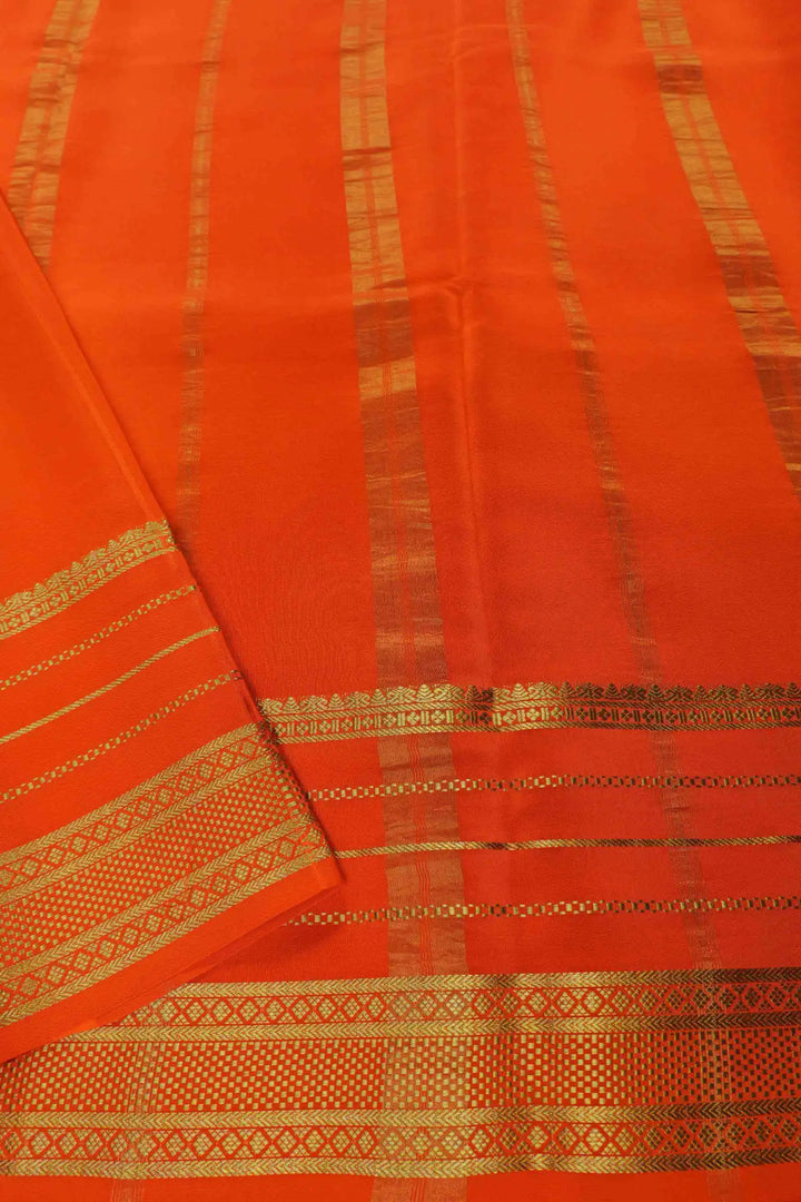 Gold Lace Big Border Mysore Silk Saree in Green and Orange Color with Contrast Orange Blouse