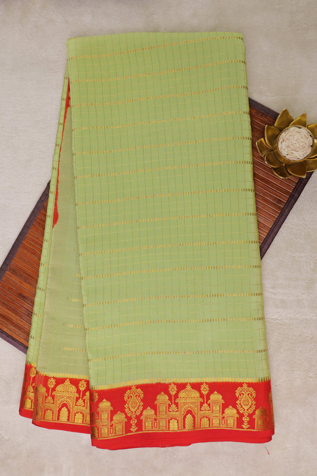 Aramane border Pure Gold Lace Mysore Silk Saree in Green and Orange Color with Contrast Blouse