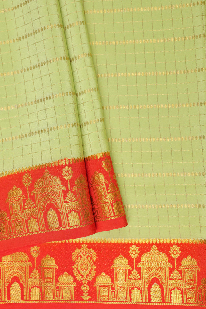 Aramane border Pure Gold Lace Mysore Silk Saree in Green and Orange Color with Contrast Blouse