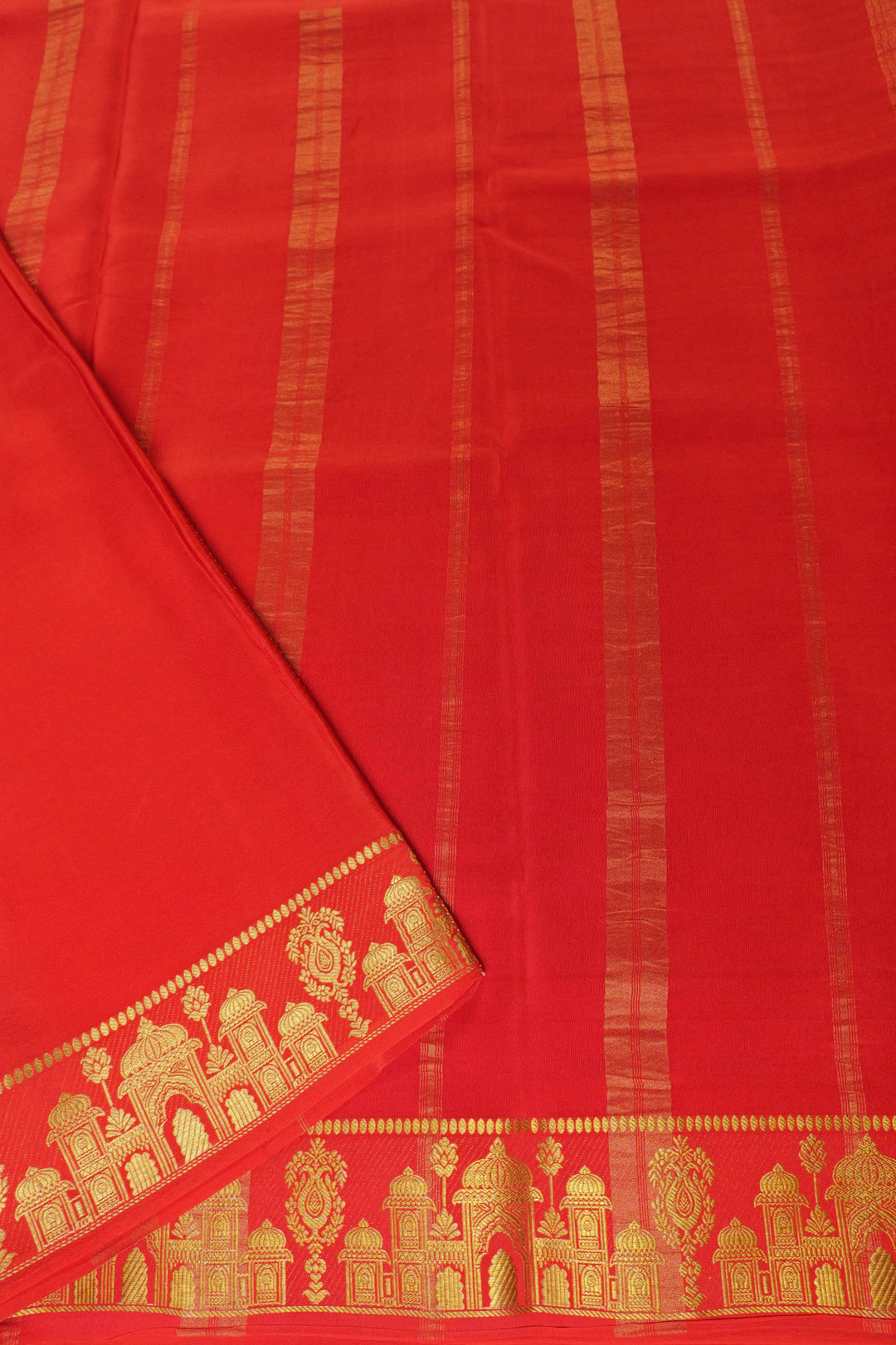Aramane border Pure Gold Lace Mysore Silk Saree in Green and Orange Color with Contrast Blouse