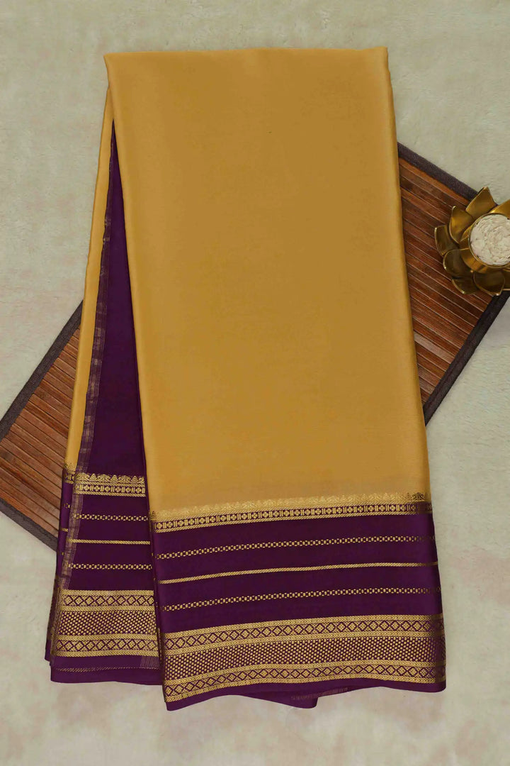 Gold Lace Big Border Pure Mysore Silk Saree in Yellow and Purple Color with Contrast Purple Blouse