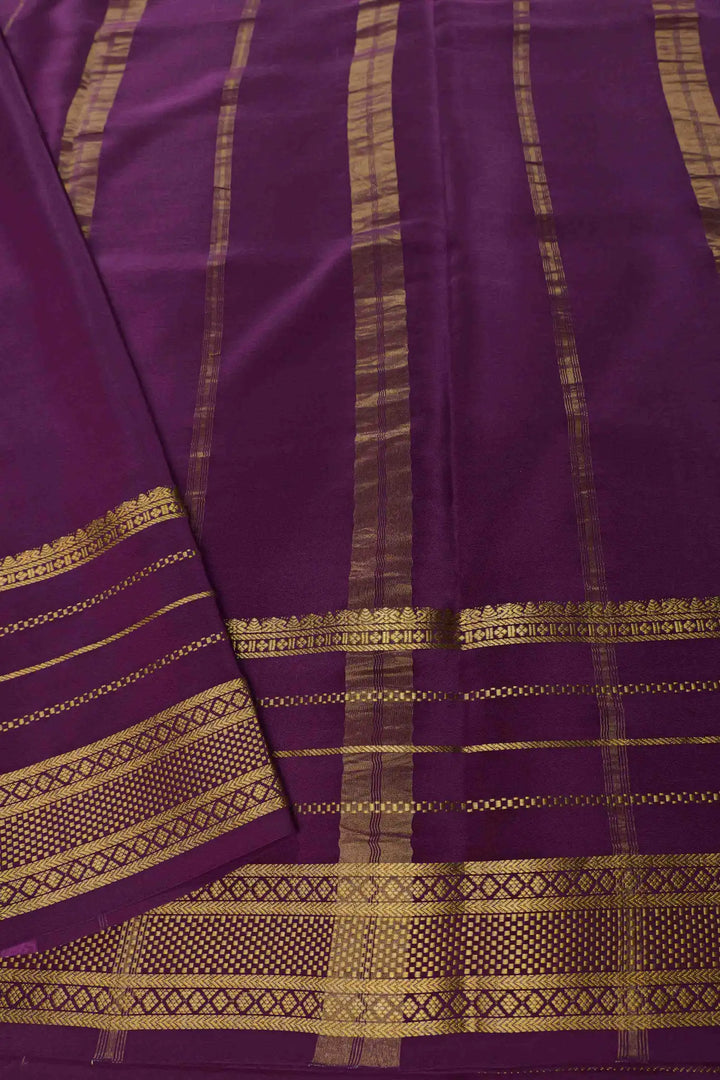 Gold Lace Big Border Pure Mysore Silk Saree in Yellow and Purple Color with Contrast Purple Blouse
