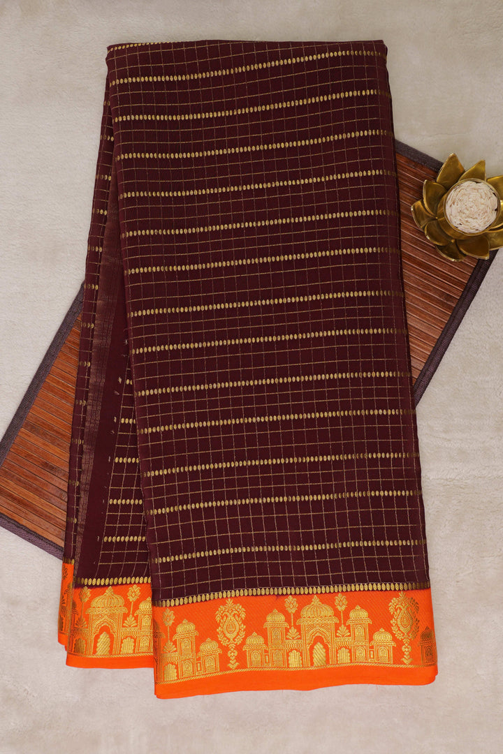 Aramane border Pure Gold Lace Mysore Silk Saree in Brown and Orange Color with Contrast Blouse