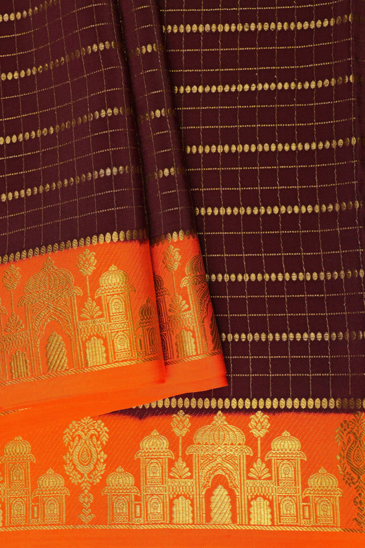 Aramane border Pure Gold Lace Mysore Silk Saree in Brown and Orange Color with Contrast Blouse