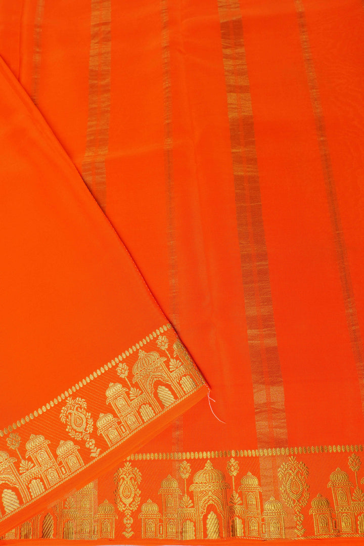 Aramane border Pure Gold Lace Mysore Silk Saree in Brown and Orange Color with Contrast Blouse