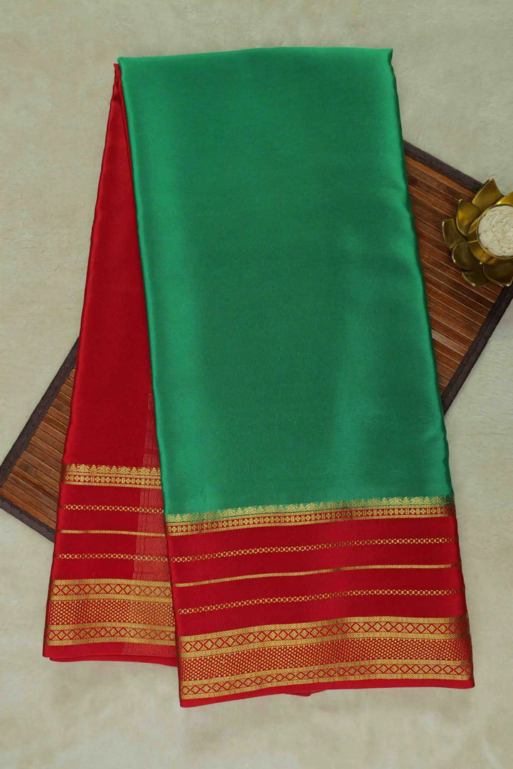 Gold Lace Big Border Mysore Silk Saree in Green and Red Color with Contrast Red Blouse