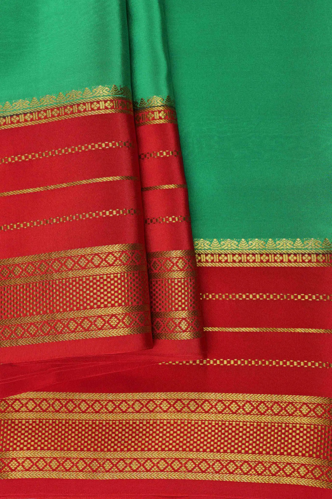 Gold Lace Big Border Mysore Silk Saree in Green and Red Color with Contrast Red Blouse