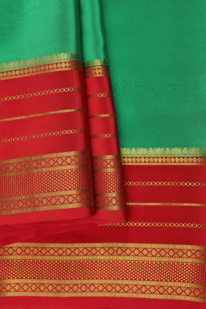 Gold Lace Big Border Mysore Silk Saree in Green and Red Color with Contrast Red Blouse