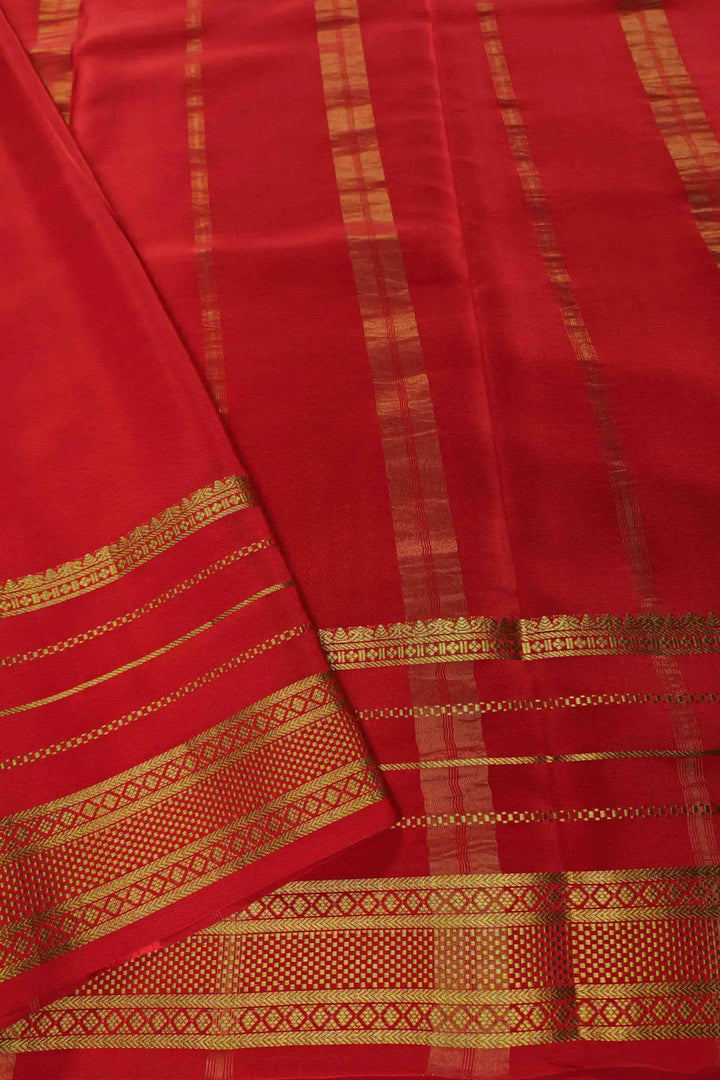 Gold Lace Big Border Mysore Silk Saree in Green and Red Color with Contrast Red Blouse