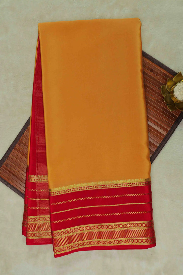 Gold Lace Big Border Pure Mysore Silk Saree in Yellow and Red Color with Contrast Red Blouse