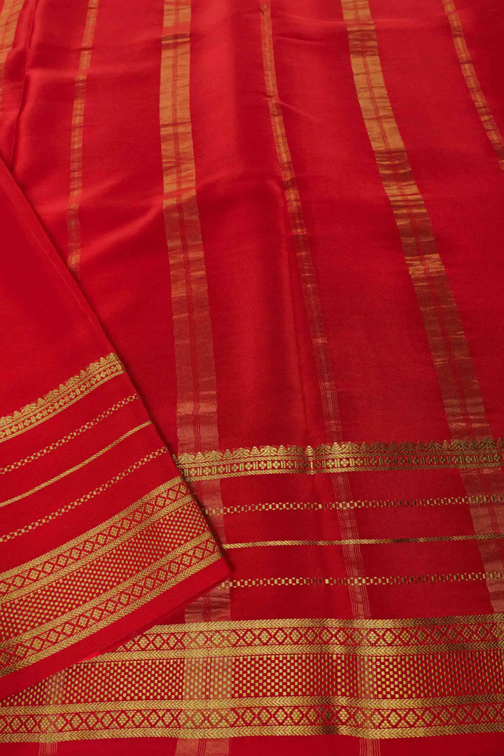 Gold Lace Big Border Pure Mysore Silk Saree in Yellow and Red Color with Contrast Red Blouse