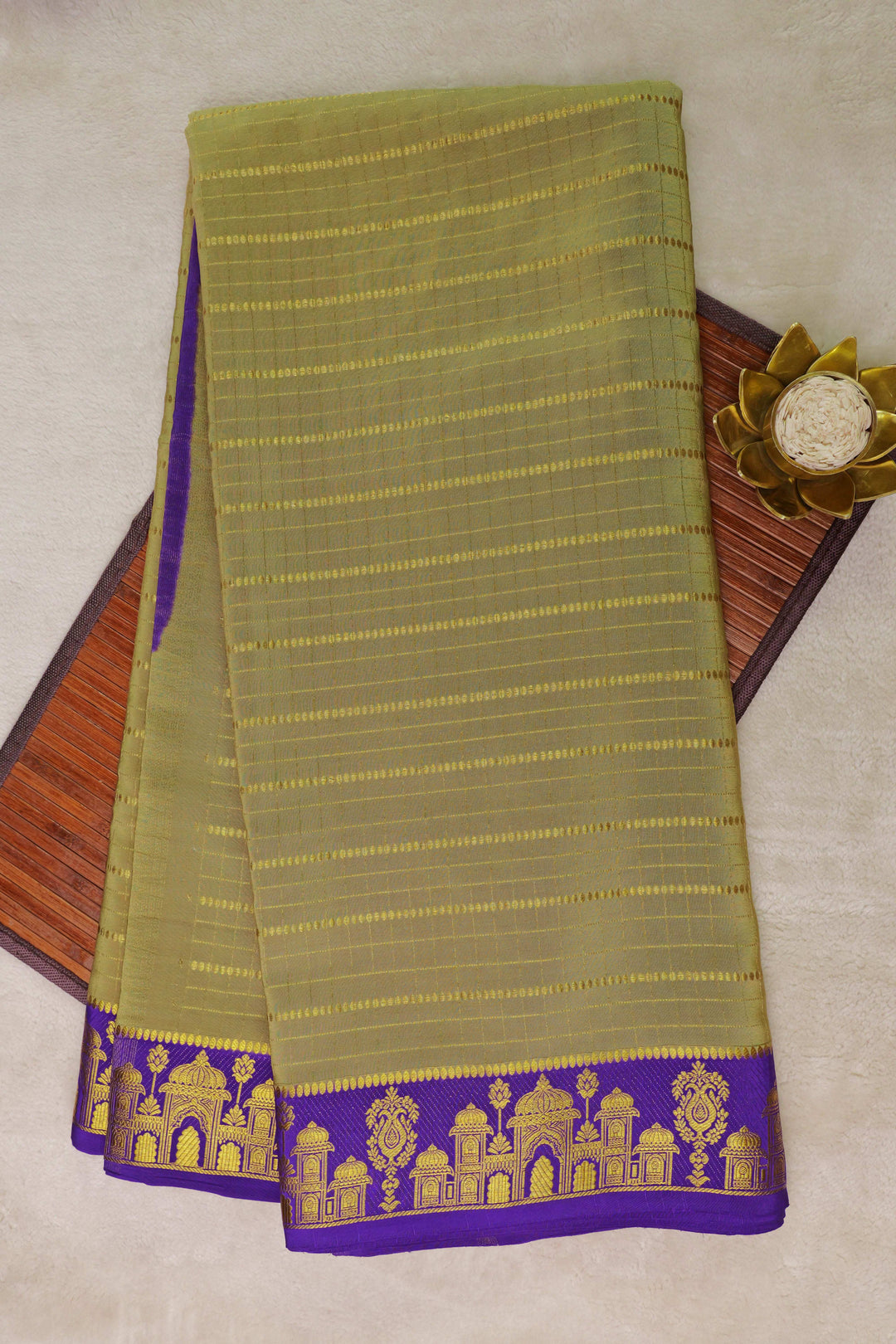 Aramane border Pure Gold Lace Mysore Silk Saree in Green and Purple Color with Contrast Blouse