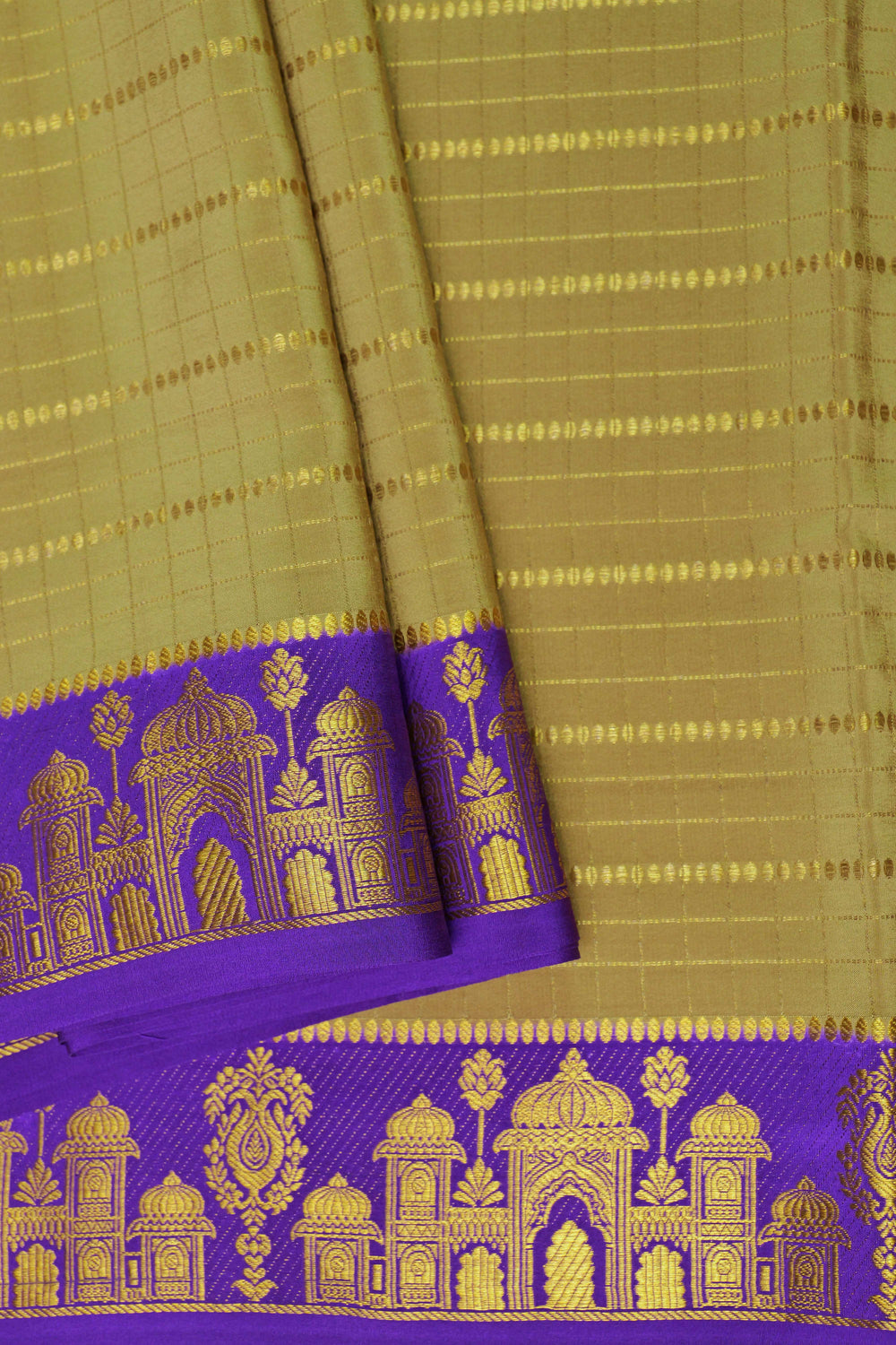 Aramane border Pure Gold Lace Mysore Silk Saree in Green and Purple Color with Contrast Blouse