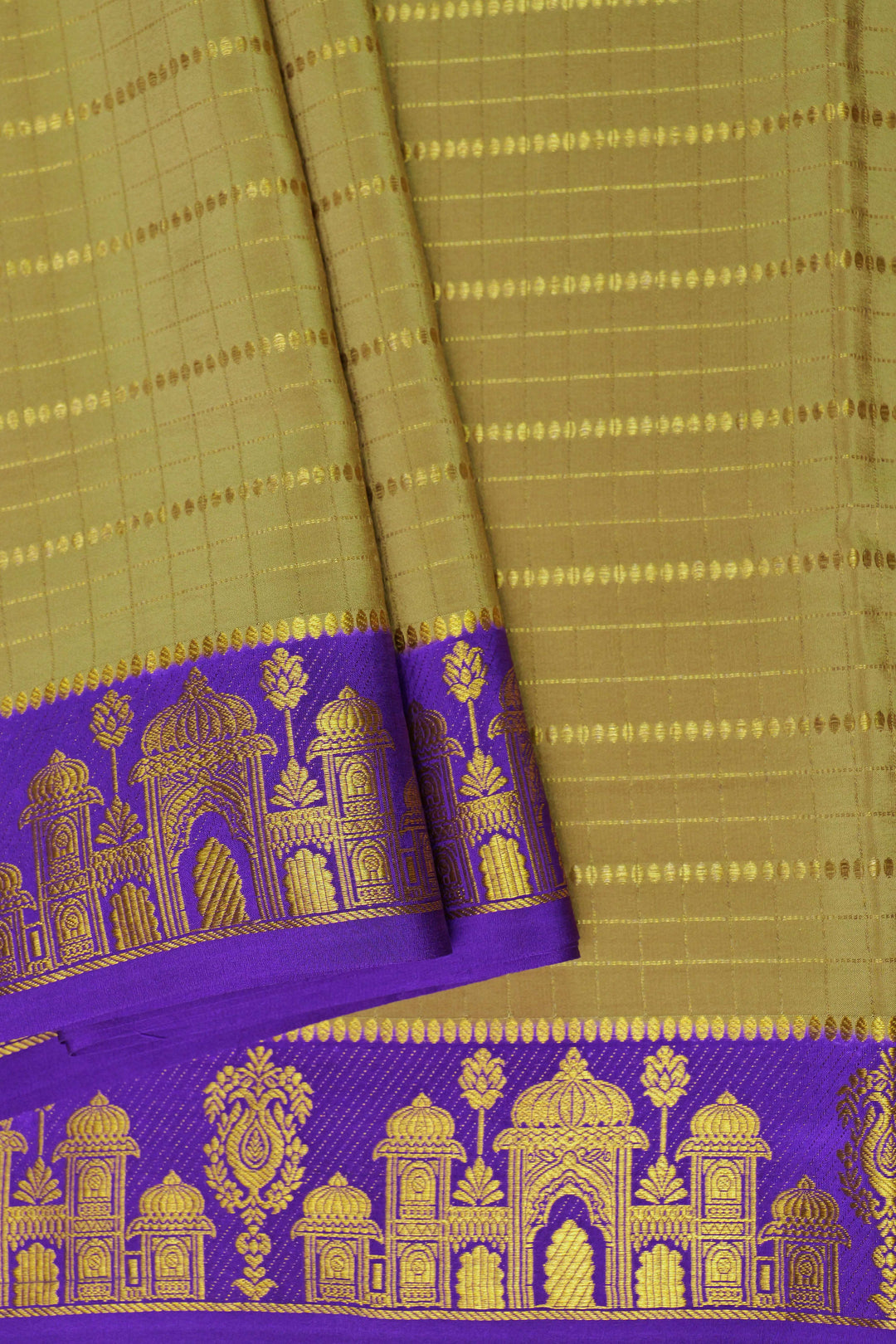 Aramane border Pure Gold Lace Mysore Silk Saree in Green and Purple Color with Contrast Blouse