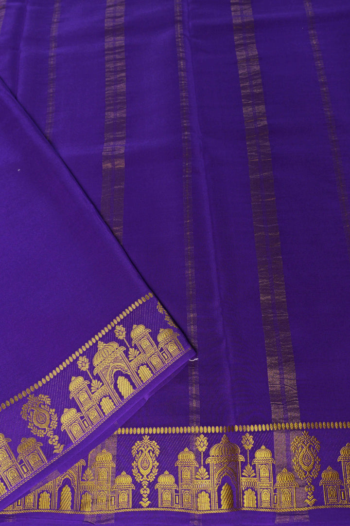 Aramane border Pure Gold Lace Mysore Silk Saree in Green and Purple Color with Contrast Blouse