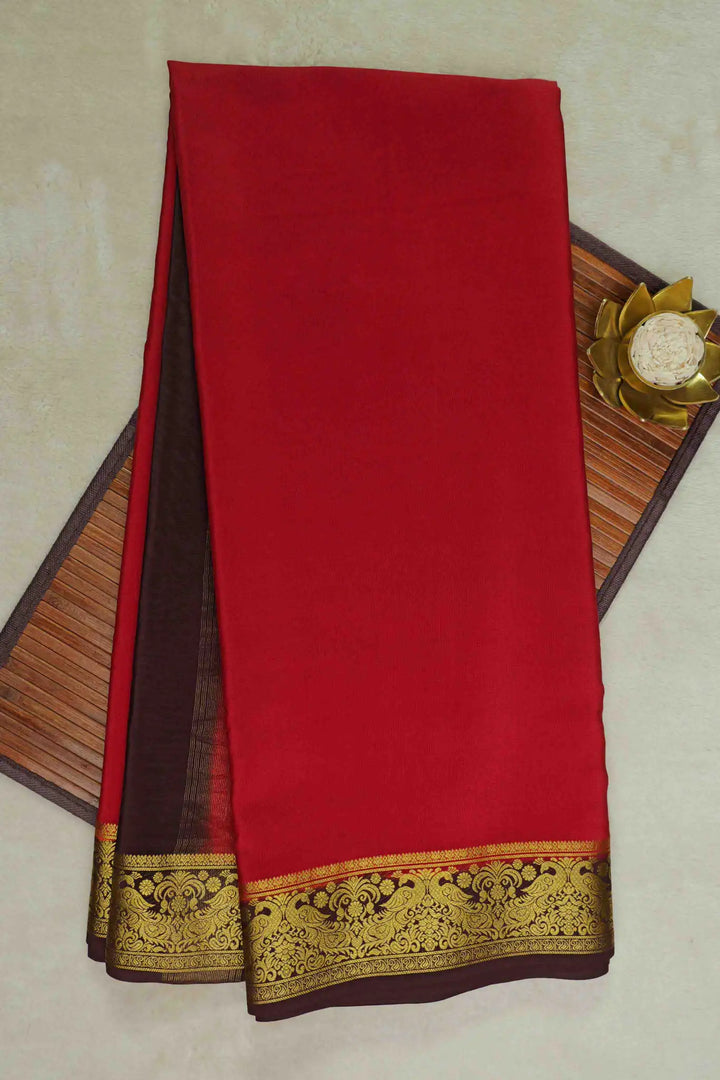 Peacock Border Mysore Silk Saree in Red Color with Brown Gold Lace Border and Contrast Brown Blouse