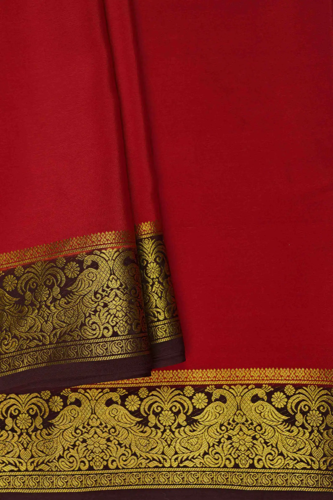 Peacock Border Mysore Silk Saree in Red Color with Brown Gold Lace Border and Contrast Brown Blouse