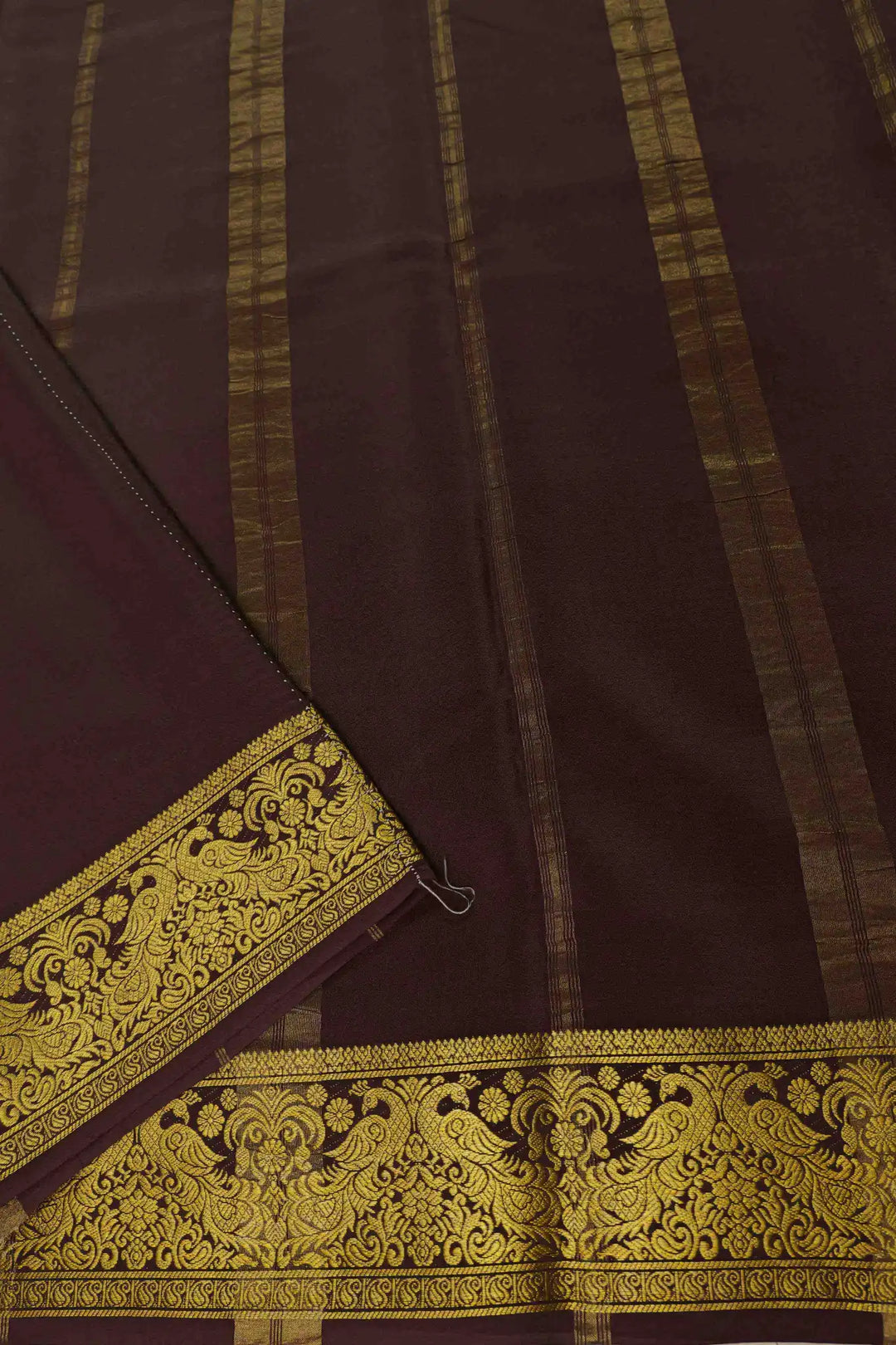Peacock Border Mysore Silk Saree in Red Color with Brown Gold Lace Border and Contrast Brown Blouse