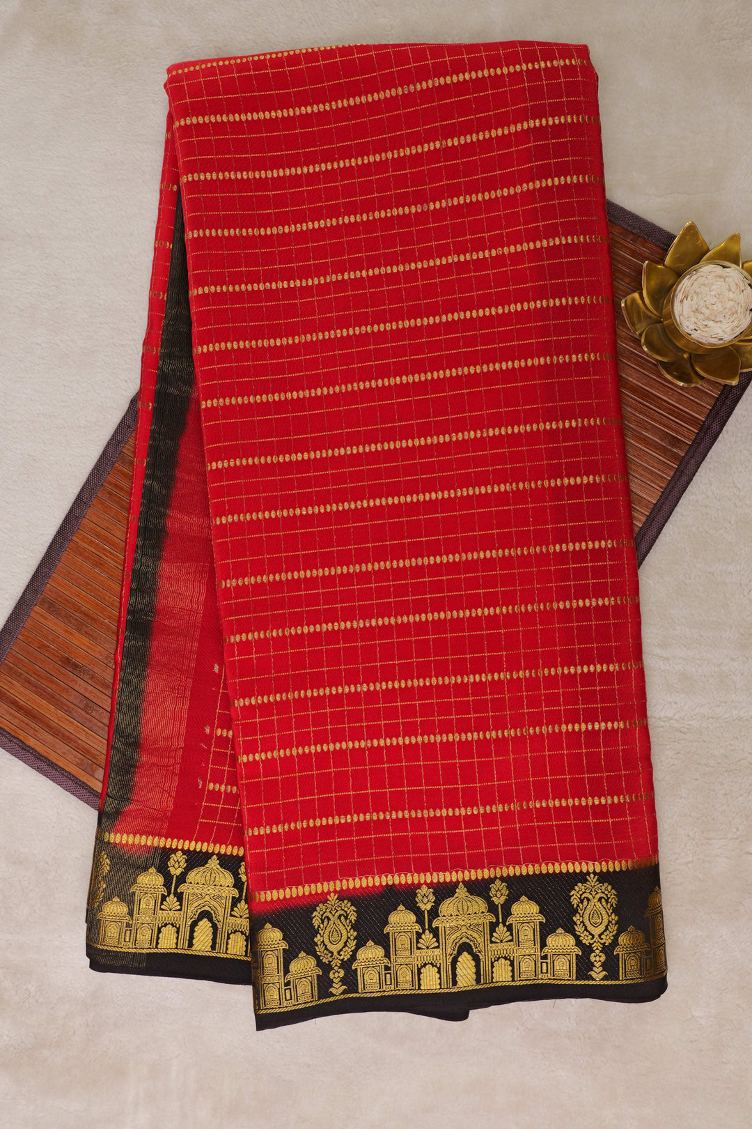 Aramane border Pure Gold Lace Mysore Silk Saree in Red and Black Color with Contrast Blouse